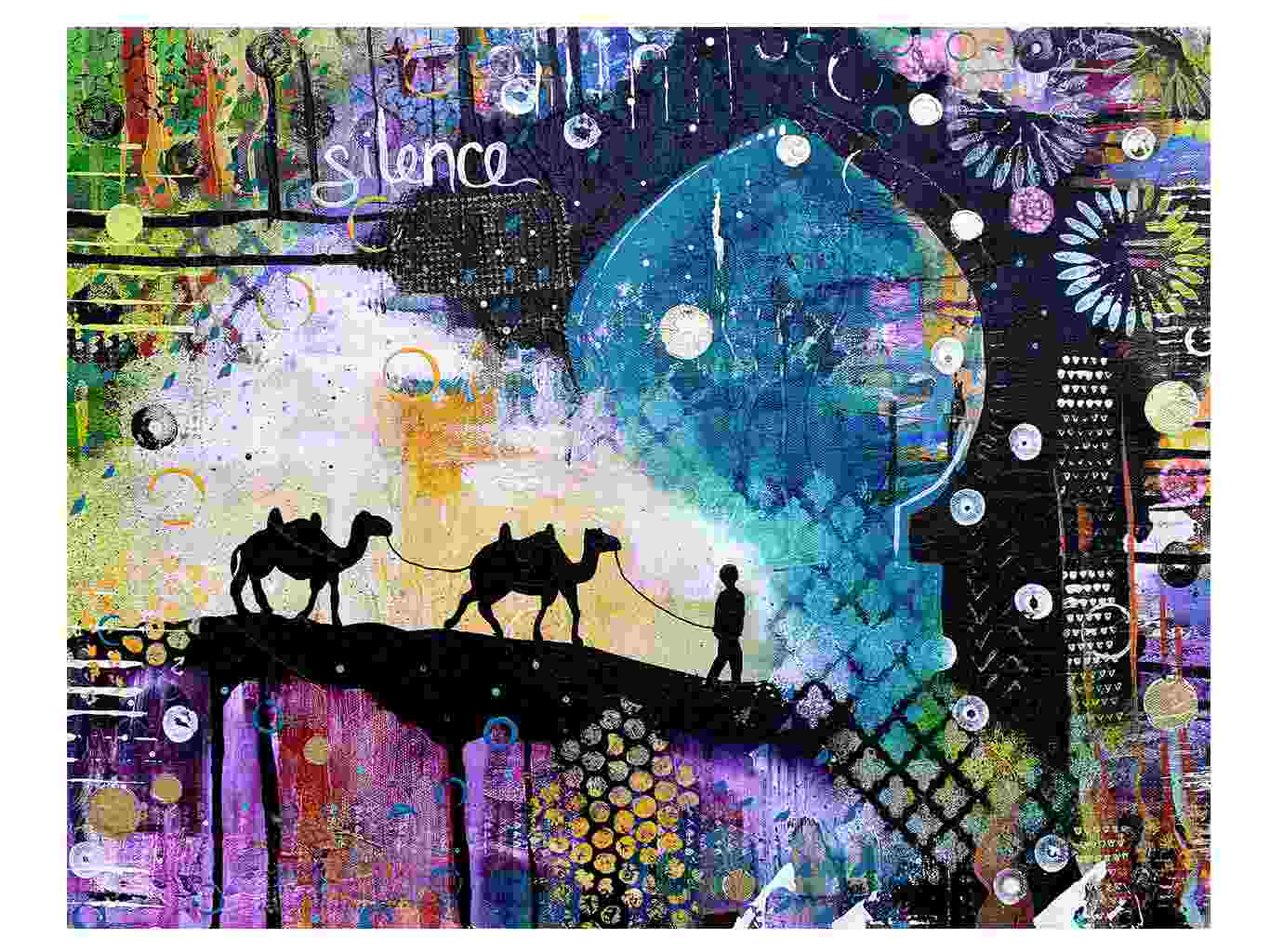 AM 101 Silence acrylic - painting - canvas - camels - desert - colorful - art - decor - ink - gold leaf - Audree Marsolais (2)