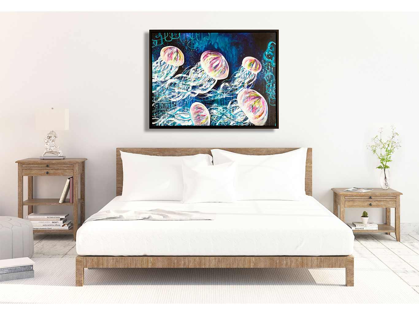AM 109 Mesusas acrylic - painting - canvas - ocean - jellyfishes - medusas - colorful - art decor - black - floater- frame - Audree Marsolais (1)