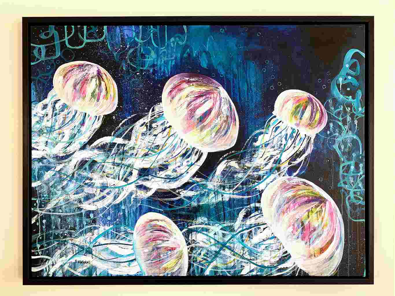 AM 109 Mesusas acrylic - painting - canvas - ocean - jellyfishes - medusas - colorful - art decor - black - floater- frame - Audree Marsolais (2)