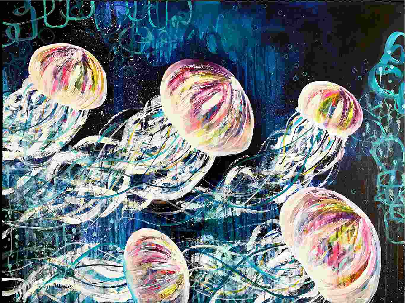 AM 109 Mesusas acrylic - painting - canvas - ocean - jellyfishes - medusas - colorful - art decor - black - floater- frame - Audree Marsolais (3)