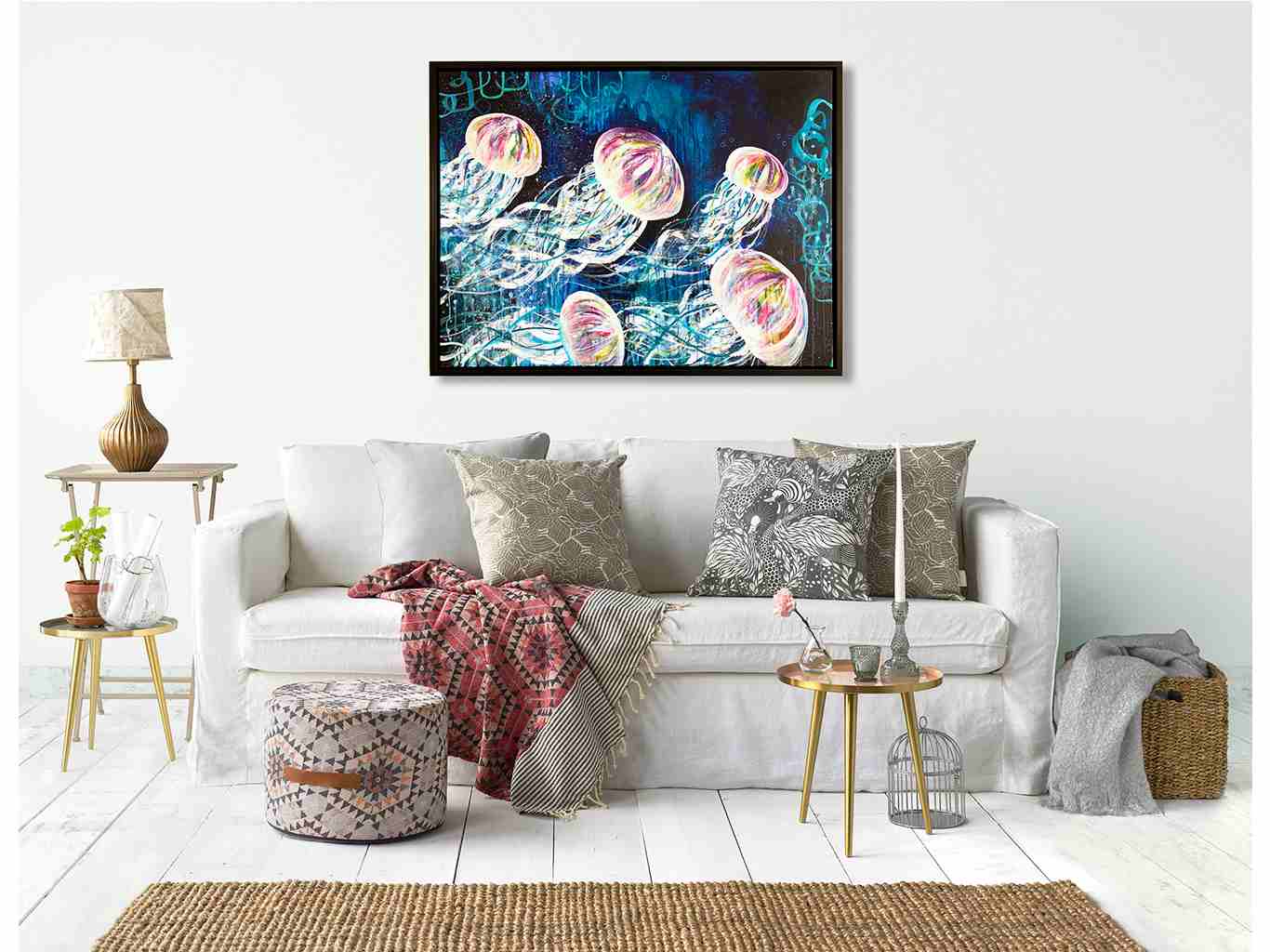 AM 109 Mesusas acrylic - painting - canvas - ocean - jellyfishes - medusas - colorful - art decor - black - floater- frame - Audree Marsolais (4)