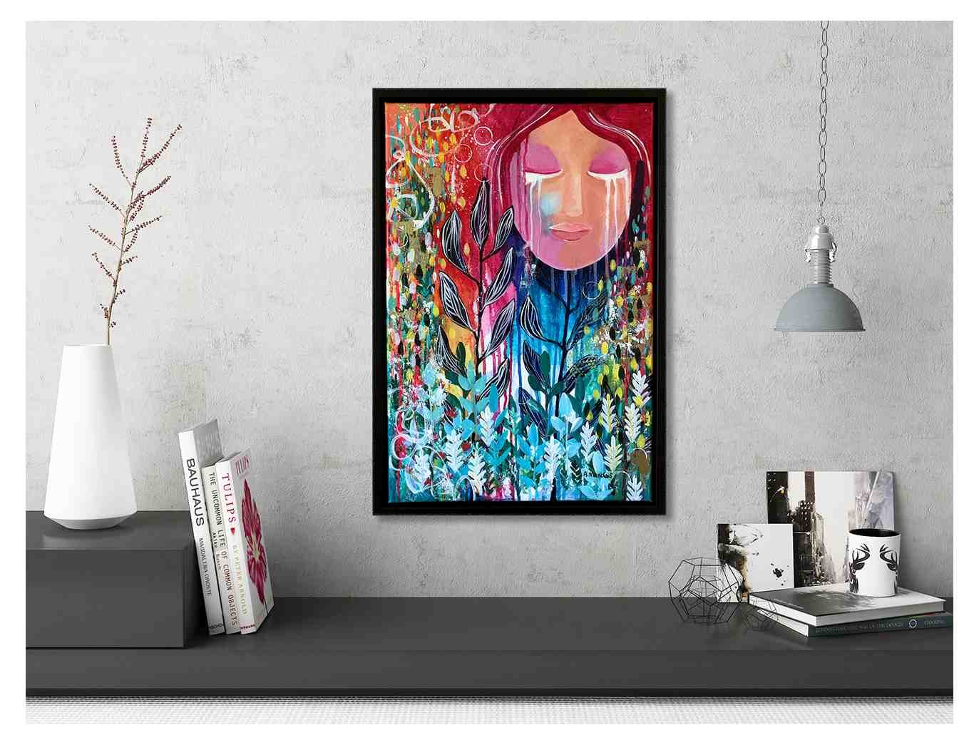 AM 110 The Warden black - floater - frame - Audree Marsoloais - acrylic - painting - canvas - face - nature - colorful - art - decor (2)