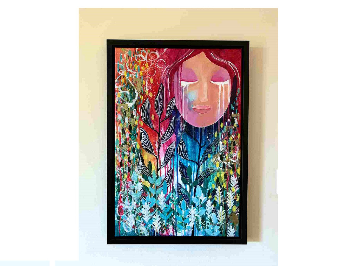 AM 110 The Warden black - floater - frame - Audree Marsoloais - acrylic - painting - canvas - face - nature - colorful - art - decor (3)