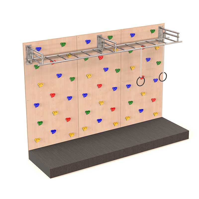CLI4 - CLIMBING WALL WITH SAFETY MAT, MONKEY BARS & GYMNASTIC RINGS - 3 PANELS
