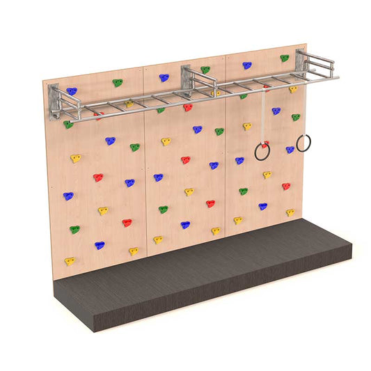 CLI4 - CLIMBING WALL WITH SAFETY MAT, MONKEY BARS & GYMNASTIC RINGS - 3 PANELS