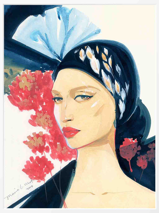 Maria G West_Ink on paper_Blue Turban_mounted