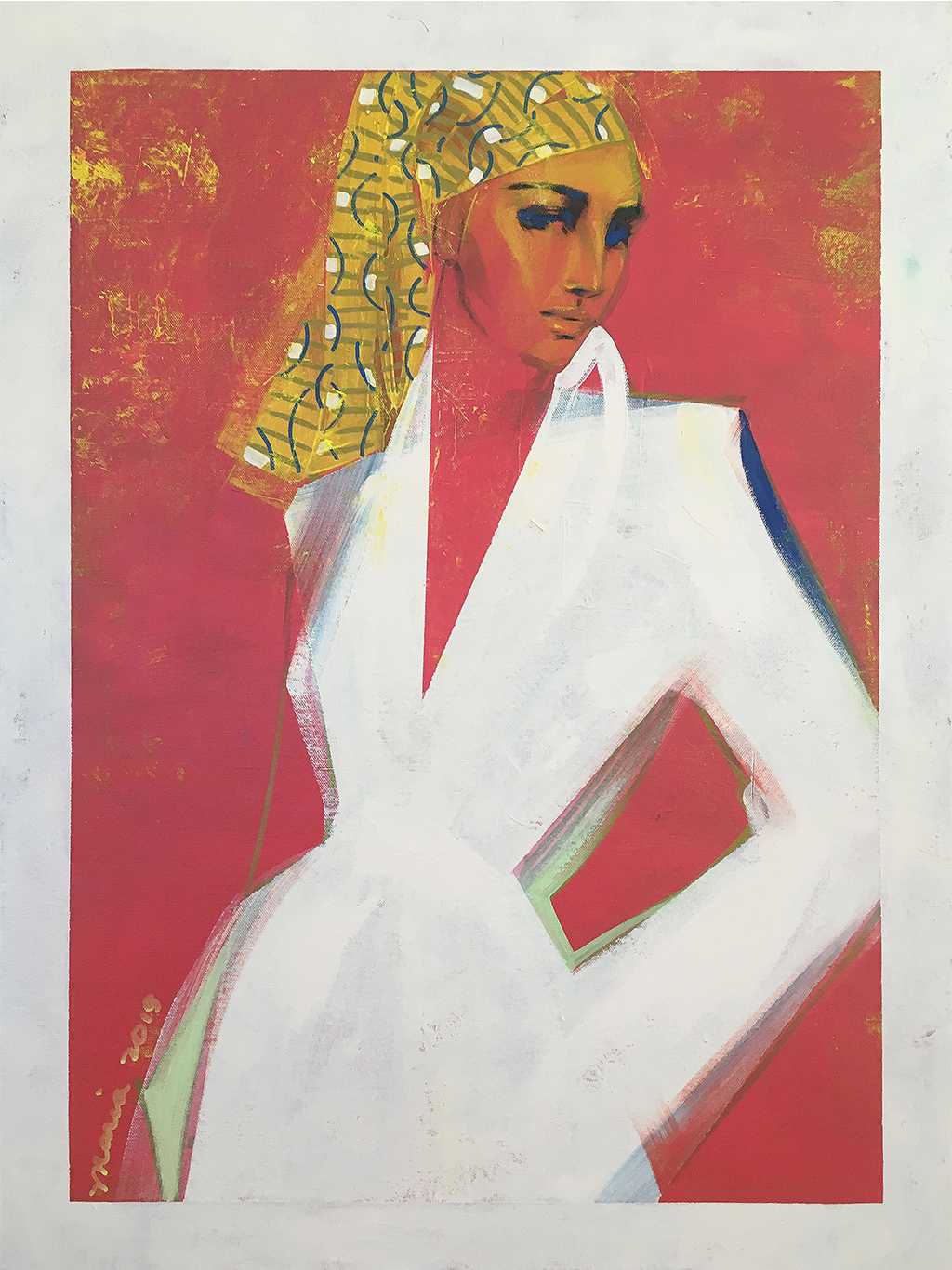 Painting-Draped1-60x80cm-acrylic painting, acrylic, unique, fashion, turban, red, stylish, contemporary, figurative